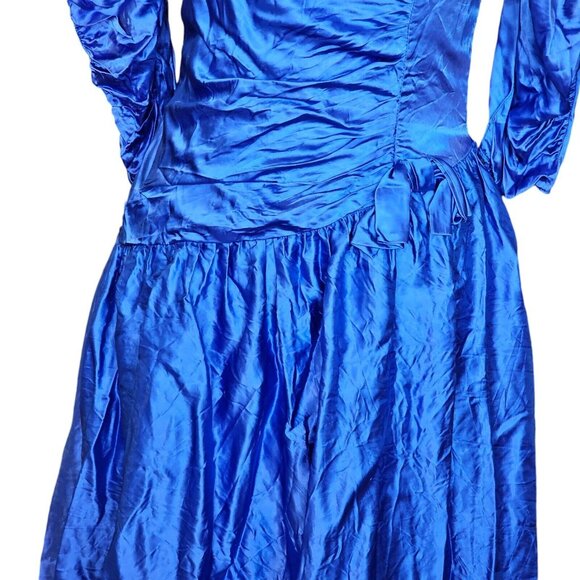 80s Size 8 Blue Formal Dress Gown‎ Prom Shiny Satin Assymetrical Puff Sleeve - Picture 4 of 14